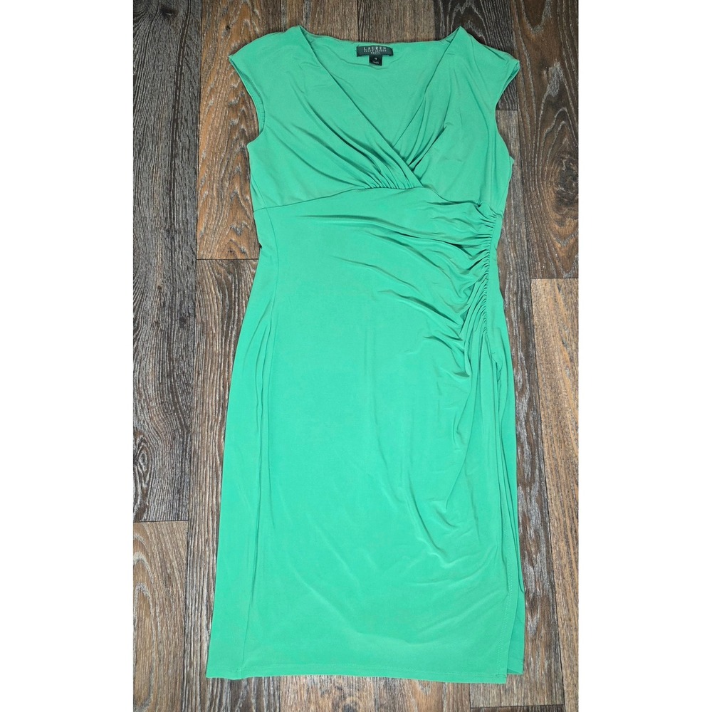 Lauren Ralph Lauren Green Ruched Surplice V-Neck Sheath Dress Womens 10